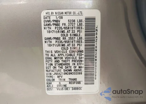 2009 Nissan Murano S z USA, uszkodzony, nr VIN JN8AZ18W29W202099